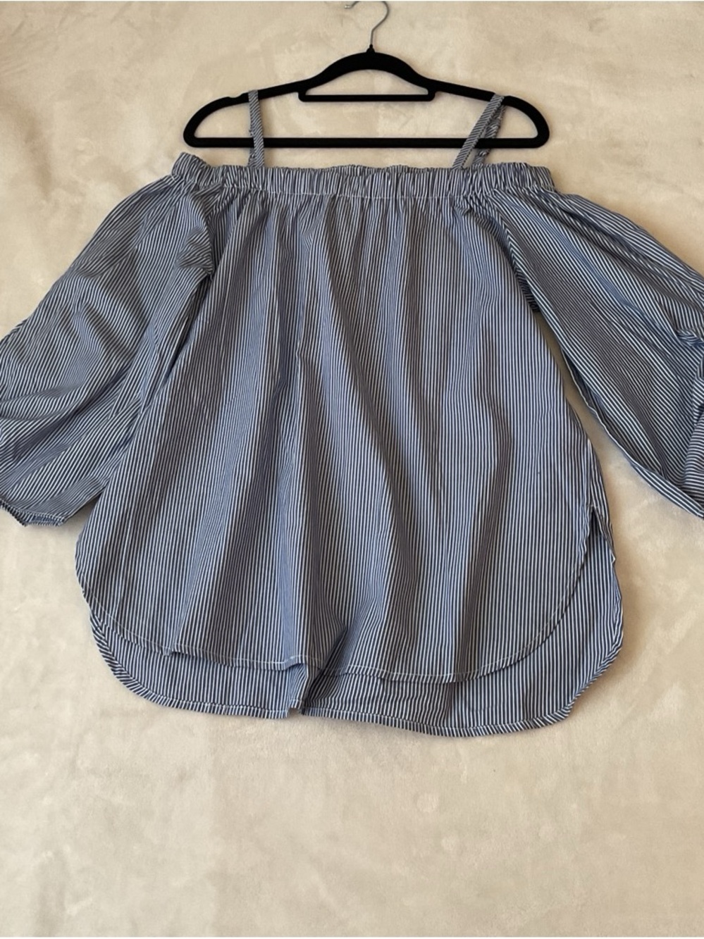 Striped Off-Shoulder Blouse with Balloon Sleeves - Blue/White